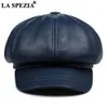 Berets LA SPEZIA Real Leather sboy Cap Women Solid Baker Boy Red Black Blue Pink Vintage Brand Ladies Winter Octagonal 230821