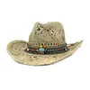 Basker naturlig halm cowboy hatt för kvinnor män handgjorda väver solhattar dam tofs sommar västerländsk hombre livräddare