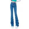 Jean pour femme Jeans empilés Couleur unie Bleu Stretch Skinny Fit Denim Extended Long High Street Flare Pantalon de nettoyage 230821