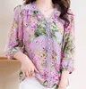 Kvinnors blusar 3/4 ärm Chiffon Single Breasted Shirts For Women Floral Autumn 2023 Fashion Lace Patchwork V Neck Top