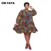 CM Yaya Femmes Plus taille Robe Impression Full Sleeve O-cou Longueur du genou robes maxi vestiges sexy Vestide