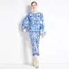 Women's Two Piece Pants Autumn Blue And White Porcelain Print Suit Female Vintage Bat Sleeve Top Flare Trousers Pieces Set Women