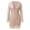 Casual Dresses 23 Fashionable And Sexy Deep V Double Layer Slim Waist Perspective Gold Wrapped Hip Elegant Dress Long Sleeve Evening Dres