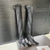 Designers Mugler Jersey Mesh Mesh Sock Boots Pull em toes elásticos Saltos estiletos de 100 mm de bota de malha de bootes de altura do joelho