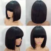 Synthetic Wigs Short Bob Human Hair Wig With Bangs Fringe Full Machine Made Glueless For Black Women Straight Virgin Brazilian Pixie Cut 230818