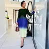 Casual Dresses Spring Autumn Gradient Print Pleated Long Women Elegant Sleeve Office Lady Work Wear A-Line Party Club Maxi Dress