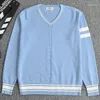 Women's Sweaters Japanese JK Pullovers Sweater Water Blue White Bar V Neck Long Sleeve Uniforms Center Twist Decoration