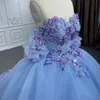 Luxe Bleu Princesse Quinceanera Robes Chérie Robe De Bal Puffy Tulle Douce 16 Robes A-ligne Perles Élégantes 3DFlower Robe De Bal