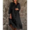 Robes décontractées femmes coton et lin 2023 printemps/été solide col debout bouton Robe ample femmes élégantes Robe S-5XL