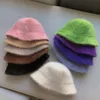 Sombreros de ala ancha cubo invierno moda Color sólido sombrero de piel de conejo mujeres Retro mullido tejido pescador señora exterior cálido lavabo 230821