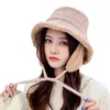 Berets Fashion Winter Women Thick Bucket Hats With Earmuffs Lamb Wool Warm Ear Protector Fisherman Hat Autumn Plush Velvet Panama Caps