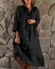 Casual Dresses Women's Cotton and Linen 2023 Spring/Summer Solid Standing Collar Button Loose Dress Elegant Women Robe S-5XL