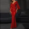 Casual Dresses Luxury Sexig Sparkly Evening Mermaid för kvinnor 2023 Deep V-ringen Slim Party Gowns Elegant Lace-Up Cocktail Formal