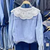 Giacche da donna Kusahiki Lace Peter Pan Collar Patchwork Demin Short Coat Women 2023 Autunno Cowboy Causal Long Maniche jeans coreano 230821