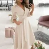 Casual Dresses Fashion Elegant Party Three-Quarter Sleeve Solid Floral Croped Deep V Neck Belt Wrap Long Evening Dress for Women