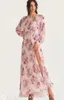 Casual Dresses 2023 Spring Holiday Wear Round Neck Cherry Blossom Print Crepe Women High Sexy Long Dress