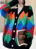 レディースニットティー特大カーディガンセーターレディース秋の冬虹色マッチトップコートルーズ格子縞の女性ニットカーディガンジャンパーHKD230821