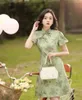 Ethnic Clothing Women Fashion Short Cheongsam Summer Green Yellow Floral Bow Dress Sleeve Party Vintage Qipao S To XXL