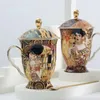 Vasos de café xícara com tampa e colher osso antigo chinês klimt pintando chá de luxo presente vintage china caneca