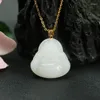 Kedjor äkta naturlig jade sten skrattande maitreya buddha hänge halsband fina smycken med riktiga 925 sterling silver kedja för kvinnor