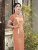 Roupas étnicas modernas aprimoradas cheongsam 2023 plus size verão laranja jovem menina chinesa qipao vestido de tang sang terno hanfu para mulheres