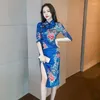 Ethnic Clothing Fashion Damska sukienka dla długich rękawów Nowoczesna jesienna zima Ulepszona wydrukowana aksamitna długie cheongsam puste z przodu widelc