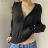 Damesbreien T -stukken Zipper Sluiting Sweater Cardigan Lange mouw Solide kleur Kap kort Type Knakte jas bovenkleding HKD230821