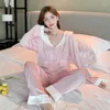 Dames slaapkleding qweek Franse zijde zoals pyjama's voor vrouwen satijn elegante vrouwelijke set 2 -delige pijama's kawaii pyjama loungewear met lange mouwen