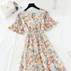 Vestido de gasa de manga corta con volantes de verano para mujer, vestido Midi de playa con estampado Floral de cintura alta y cuello en V, Vestidos sexis sin espalda