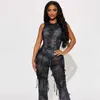Women Jumpsuits Designer 2023 New Fashion Tie Dyed Tight Sleeveless Tassel Elastic Rompers 2 Colours