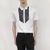メンズカジュアルシャツブラックスパンコールパッチワークスリムフィット半袖男性ドレスコスチュームサマーヴィンテージボタンアップカミザYブルーサホンブルプラス