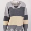 Women's Sweaters Women Long Sleeve V-Neck Sweater Ribbed Knitted Striped Pullover Tops Vintage Ripped Distressed Loose Drop