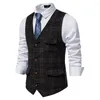 Herenvesten Vintage Style Men Vest Plaid Print Business Waistcoats voor slanke enkelvoudige borsten met zakken slanke fit werk formeel