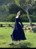 Casual jurken blauwe vierkante nek lantaarn mouw jurk dames herfst zoete retro elegante hoge taille ruches geplooide feest sundress simple