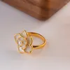 Anéis de casamento Allme chique em camadas de esmalte de cor branca chique Camellia Flor Women 18k Real Gold Plating Brass Aberto Ajuste Ajuste