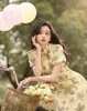 Vêtements ethniques femmes mode courte Cheongsam été vert jaune Floral nœud robe manches fête Vintage Qipao S à XXL