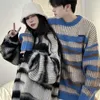 Men's Sweaters 2023 Winter Fashion Trend Loose Pullover Couple Clothes Knitting Slouchy Stripe Printing Wool Sweater Black/blue Coats