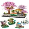 Blokkeert Sakura House Tree Trains Station Bouwstenen Chreeey Flowers City Street View Micro Assemble B Collection Toy Gift R230817