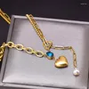 Kedjor 2023 Blue Water Drop Zircon Heart Necklace Pendant Pearl Tassel Clavicle T-shirt Chain Female Titanium Steellocket Exqui