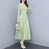 Casual Dresses Green Flower Embroidered Chiffon Long Dress Women Spring Summer Autumn Elegant Ladies Wedding Dance Evening Party Maxi