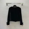 Outono preto cor sólida arco frisado jaqueta manga longa em torno do pescoço strass único breasted jaquetas casaco curto outwear b3g201622