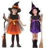 Girl's jurken Toddler Girl Witch Cosplay Kostuum Kinderen Korte mouw jurk met polka dot ribbon puntige hoed voor Halloween Fairytale Party Props 230821
