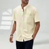 Erkek sıradan gömlekler retro üstleri yaz gömlek standı yaka kısa kollu yama cep tek göğüslü sokak kıyafetleri