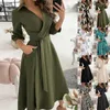 Casual Dresses Womens Elegant Party Three-Quarter Sleeve Solid Floral Cropped Deep V Neck Lace Up Belted Wrap Long Evening Dress