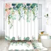 Shower Curtains Green Leaves Shower Curtain Sets Spring Rural Plant Flower Bathroom Curtains Non-Slip Toilet Lid Cover Rug Baths Mats Home Decor R230821