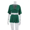 Moda feminina para dormir 2023 Primavera/verão malha de malha de algodão de seda verde shorts curtos de manga curta