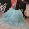 Lake Blue Sweetheart Off The Should Ball Gown Beaded Appliques 3D Flower Quinceanera 드레스 Princess Sweet 16 restidos de 15 anos