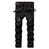 Modedesigner Herren zerrissen Biker Jeans Leder Patchwork Slim Fit Black Moto Denim Jogger für männliche Distressed Jeans Pants214v