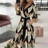 Casual Dresses Fashion Elegant Party Three-Quarter Sleeve Solid Floral Croped Deep V Neck Belt Wrap Long Evening Dress for Women