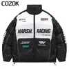 Herrenjacken Hip Hop Racing Parkas Männer High Street Patchwork Brief Druck Motorrad gepolsterte Jacke Y2K Übergroße Blasenpuffermäntel 230821